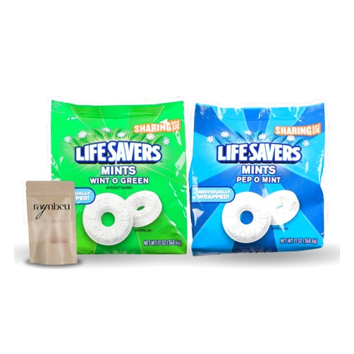 Raynbeu Mint Candy Variety Pack, Two Pack. ONE - 13 Oz Of Each Life Savers Wint O Green & ONE 13 Oz Life Savers Pep-o-mint With Raynbeu Resealable Bag – Fresh Mint Candy Flavors, Perfect For On-the-go Fresh Breath!