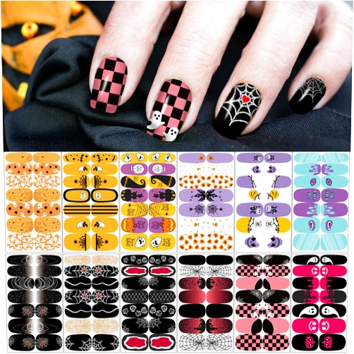 Winthrop 12 Sheets Halloween Nail Wraps Stickers, Nail Polish Strips DIY Self-Adhesive Full Glitter Nail Art Decals Pumpkin Bat Ghost Spider Skull Pattern with 2 Piece Nail Files for Party Decor (168 Pieces)
