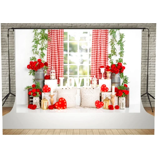 Kate 7x5ft Happy Valentine's Day Interior Red Rose Photography Backdrops Window Sunshine Spots Spring Scenic Boho Pillows Loveheart Photo Background Love Baby Shower Backdrop Shooting
