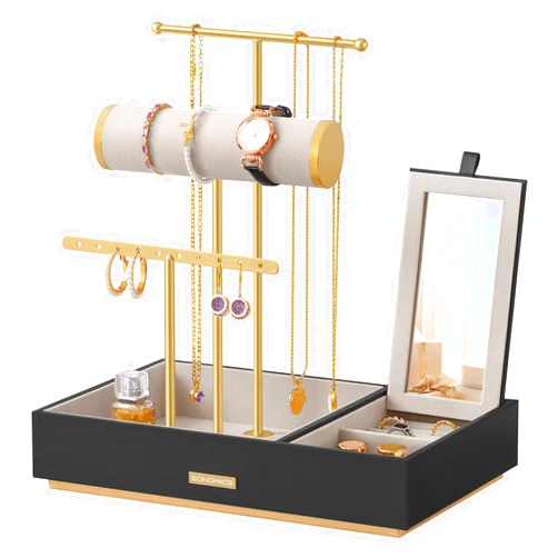 SONGMICS Jewelry Holder, Jewelry Organizer, Jewelry Display Stand, Metal Earring Organizer with Mirror, with Necklace Earring Bracelet Holder, for Rings, Gift Idea, Black and Gold UJJS022B01V1