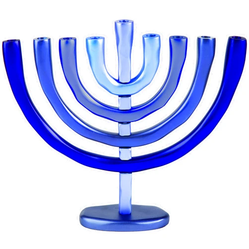 World Of Judaica Yair Emanuel Blue Aluminum Hanukkah Menorah with Temple Design