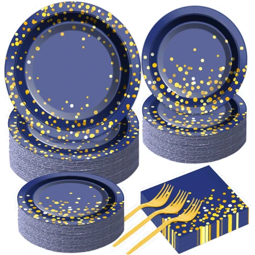 gisgfim 50 Guests Blue and Gold Party Supplies Tableware Set Gold Dot on Blue Paper Plates Napkins Disposable Paper Plates Graduation Table Decors for Men Women Happy Birthday Party Decorations 200PCS