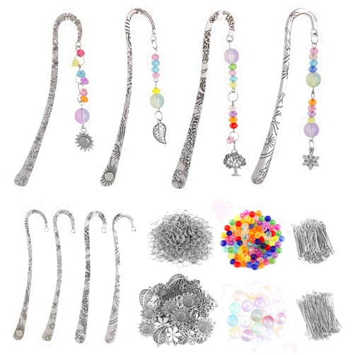 Framendino, 8 Set Metal Bookmarks Kit DIY Bookmarks Flower Hook Bookmarks with Multicolor Beads Charms Metal Ring Headpins for DIY Bookmarks Making