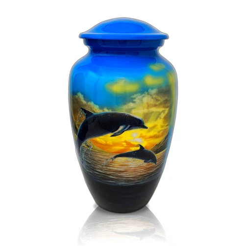 Precious Handicraft Dolphin Urn for Adult Ashes, Blue & Black, Aluminum, Lacquered Finish