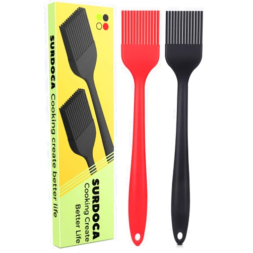 SURDOCA Silicone Pastry Basting Brush - 2Pcs 8.2 in Heat Resistant Brush for Baking Cooking Food, BPA Free Kitchen Brush for Sauce Butter Oil, Stainless Steel Core Design for Barbecue BBQ Grilling