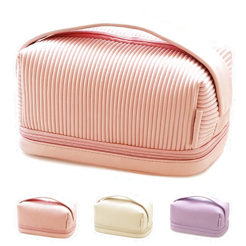 MONGTINGLU Large Makeup Bag - Double Layers Travel Cosmeti Bag, PU Leather Toiletry Bag, Portable Travel Make up Bag with Handle, Small Cute Makeup Organizer Case for Women, Girs (Pink)