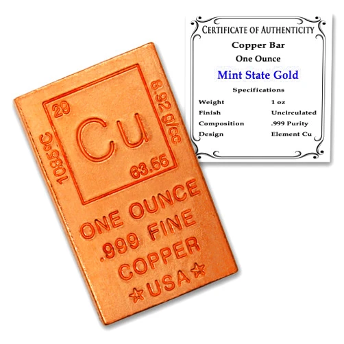 MINT STATE GOLD 1 oz Copper Bar (Flat Style) .999 Pure Bullion with Periodic Table Element Design (1)