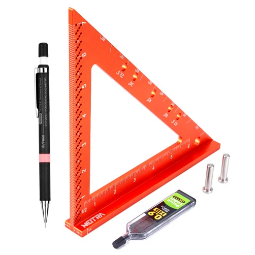 Neitra 7 Inch Square Ruler with Fixed Angle Pin, Accurate Compact Aluminum Alloy Squares with Laser Etched Markings, Includes a Mechanical Pencil for Carpenter Woodworking Furniture Projects