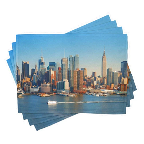 Ambesonne Urban Place Mats Set of 4, New York City Skyline Over Hudson River Empire State Building Boats and Skyscrapers, Washable Fabric Placemats for Dining Room Kitchen Table Decor, Blue Brown