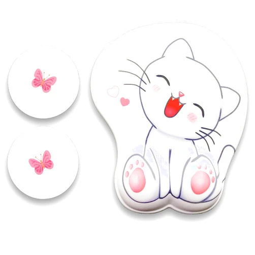 Pinsliee Cute White Mouse pad with Wrist Support, Ergonomic Mouse Pads Rest, Gel Anime Kawaii 3D Wrist Pads, Pain Relief, and Easy Typing, Gaming, Notebook Computer Home Office (White-cat)