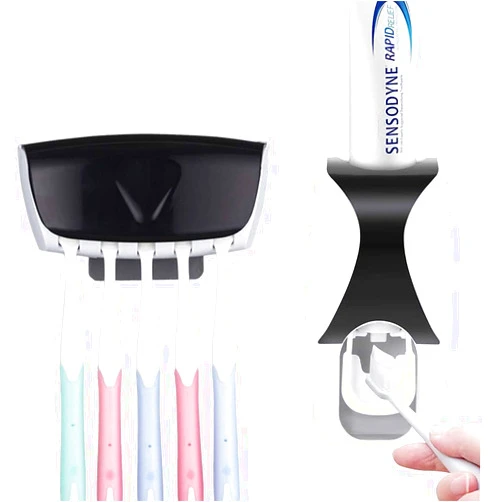 Lyckatill Wikor Toothbrush Holder Toothpaste Dispenser Set Dustproof with Super Sticky Pad Wall Mounted Kids Hands Free Toothpaste Squeezer for Family Washroom bathroom