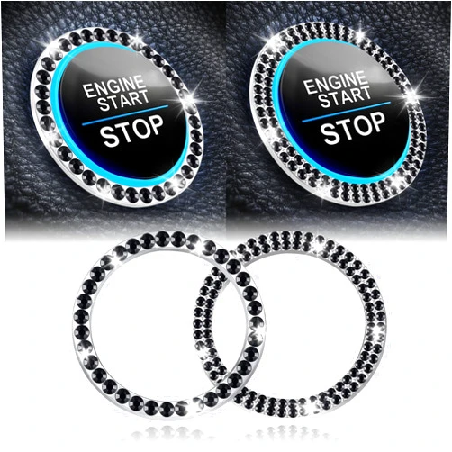 LivTee 2 PCS Crystal Combinatorial Rhinestone Car Engine Start Decoration Ring, Push to Start Button Cover/Sticker, Bling Car Interior Accessories for Women, Key Ignition&Knob Bling Ring, Black