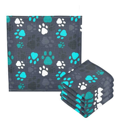 YETTASBIN Puppy Paw Muslin Baby Hand Washcloths, Soft Cotton Bath Face Towel, 4 Layers Extra Absorbent Feeding Burp Cloth for Newborn Infant, 5 Pack