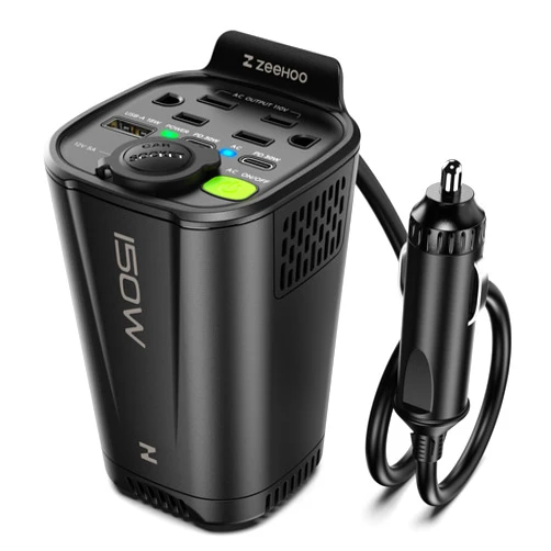 ZEEHOO 150W Car Power Inverter, 12V DC to 110V AC Car Plug Adapter Outlet Converter, with 2 AC Outlets, A 18W USB A and Dual 30W PD Car Charger, for Laptop Computer - Black