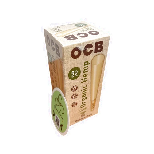 OCB Organic Hemp Unbleached Pre-Rolled Rolling Paper Cones 1-1/4 (84mm) Size - 50 Cones