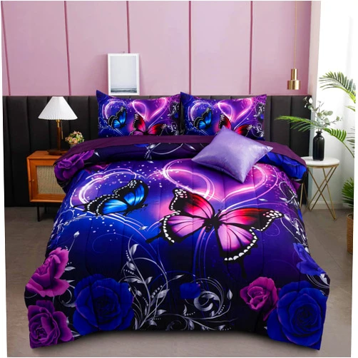 A Nice Night Galaxy 6pcs Bed in A Bag Purple and Blue Dreamy 3D Butterfly Printed, Butterflies Bedding Queen Comforter Set, for Girls Kids Teens