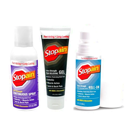 Stopain Pain Relief Combo Set (Gel, Roll On, Spray) USA Made, Max Strength Fast Acting with MSM, Glucosamine, Menthol for Lower Back, Knee, Neck HSA FSA Topical Analgesic Products