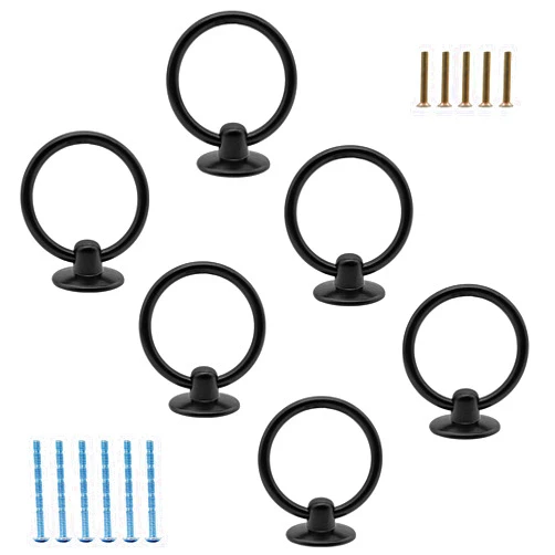 Luomorgo 6 Pcs Matte Black Ring Pull Handle Knobs, Modern Dresser Drawer Pulls for Kitchen Cabinet Cupboard Chest Metal Drawer Drop Ring Pulls