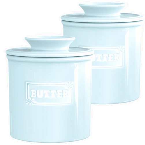 AVLA 2 Pack Ceramic Butter Crock, French Butter Dish with Water Line, Butter Keeper Butter Container for Countertop, Big Capacity, Aqua Blue