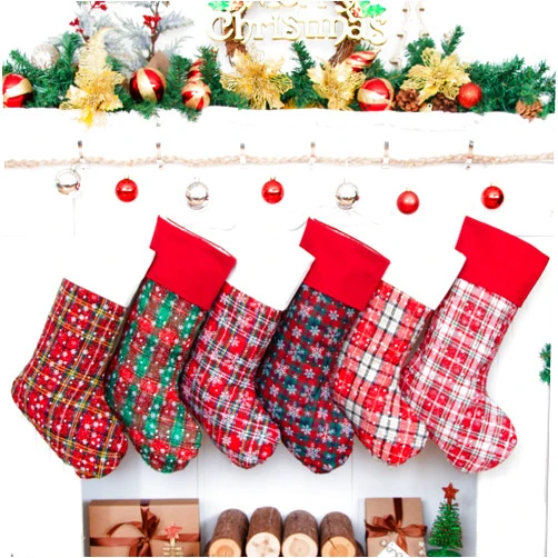 LUBOT 6 Pack Christmas Stocking(20inch) Plaid Snowflake Canvas Fireplace Hanging Xmas Stockings for Family Decorations Holiday Party Decor