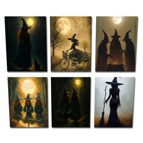 WINDVALE Vintage Gothic Witch Wall Art Prints – Set of 6 Halloween Witch Posters with Full Moon, Broomstick & Black Cat, Dark Witchcraft Wall Decor for Gothic Bedroom, Living Room & Haunted House – 8x10 Unframed