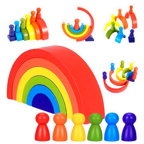 DHinkyoung 12 Pcs Wooden Rainbow Stacking Toys, Toddler Montessori Arch Bridge Stacker Game, Building Blocks Puzzle Stackers for Kids Baby Toddlers 1 2 3 4 5 Years Old