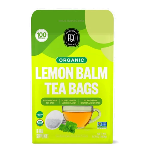 FGO Organic Lemon Balm Tea, 100 Count, Eco-Conscious Herbal Tea Bags, Resealable Bag, Caffeine Free, Packaging May Vary (Pack of 1)