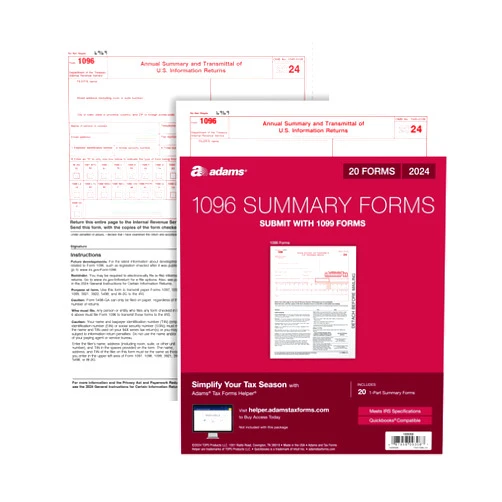 Adams 1096 Summary Tax Forms 2024, NonEmployee Compensation Forms, Summary Transmittal Forms, 1-Part Inkjet/Laser, 20-Pack (1009308)