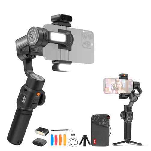 Camnoon Smooth 5S AI PRO Handheld 3-Axis Gimbal Stabilizer for Phone Vlog Gimbal Anti-Shake Al Tracking Gesture Control with Magnetic Fill Light Mini Tripod Storage Bag Replacement for iPhone Android