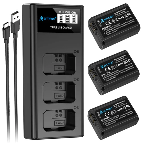 A Artman Artman NP-FW50 Battery 3-Pack and Upgraded 3-Slot ZV-E10 Battery LCD Charger for Sony ZV E10, Alpha A6500 A6400 A6300 A6000 A5100 A5000, A7S II, A7S, A7R II, A7R, A7 II, A7, RX10 II III IV Cameras