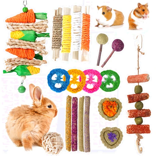 SMANGY Rabbit Chew Toys 19pcs,Bunny Toys for Rabbits,Natural Timothy Hay Sticks for Teeth,Handmade Chew Treats and Balls for Bunny, Chinchilla,Bunny Teeth Care