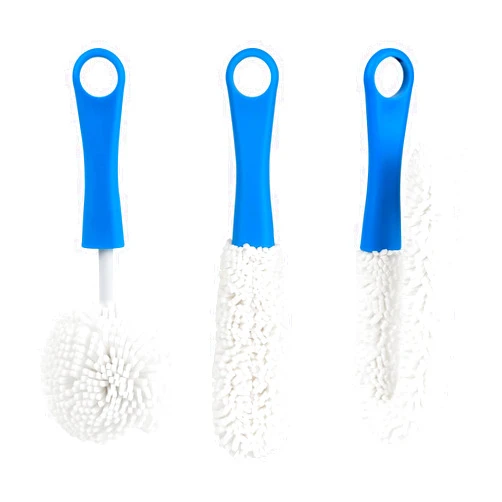 SHIDOW 3 Pieces Glassware Cleaning Brush Kit, Decanter Cleaning Brush Flexible Bottle Scourer, Cleaning Tools for Wine Decanters Goblets Glasses Cups (Blue Handle)