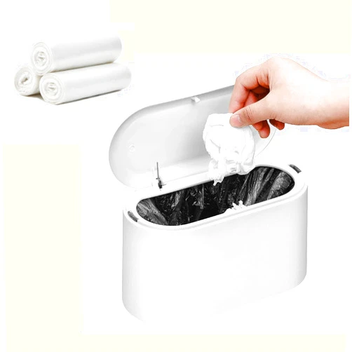 SUBEKYU Mini Trash Can with Lid,Small Desk Countertop Mini Garbage Cans,Tiny Waste Basket,White,Free 3 roll Bags