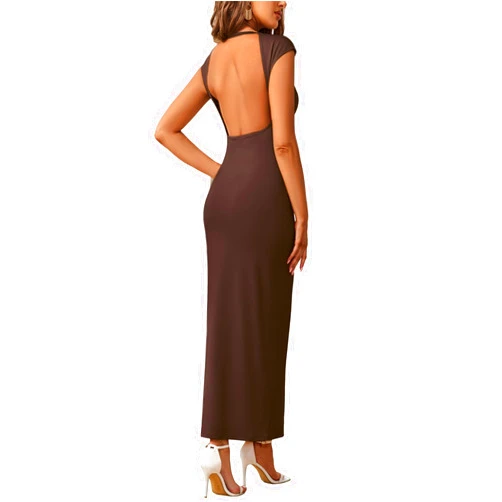 XinFSh Women Formal Maxi Dresses Elegant Cap Sleeve Bodycon Dress Crew Neck Slim Fit Backless Long Dress