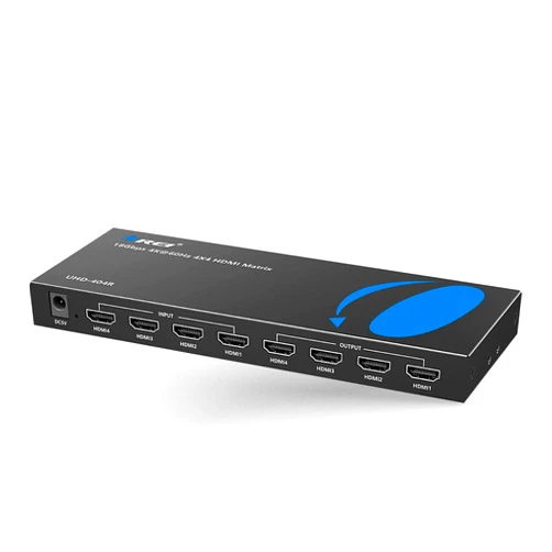 OREI 4x4 4K HDMI Matrix Switcher Splitter with Remote Control Auto Downscale 4K to 1080p, HDR10 Support, and RS-232 Control with EDID (UHD-404R)