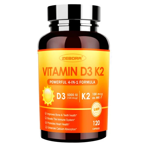 ZEBORA Vitamin D3 K2 with Zinc and Selenium - 5000 IU of Vitamin D3, 100 Mcg MK7 Vitamin K2 for Maximum Absorption, Supports Bones, Teeth & Immune Healt, 120 Capsules