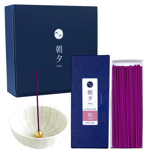 Asayu Japan Low Smoke Incense Gift Set with Incense Holder and Brass Stand, Sakura Incense Sticks with White Lotus Holder (Sakura Cherry Blossom + White Lotus Holder)