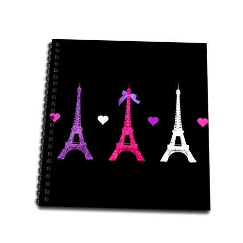3dRose db_113151_2 Girly Eiffel Tower-Hot Pink Purple Black Paris Towers Love Hearts Stylish French Modern France-Memory Book, 12 by 12-Inch