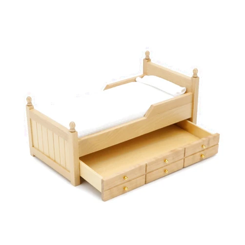 Cutemini Dollhouse Miniature Bed with Drawer 1:12 Wooden Furniture European Bedroom Bedding Furniture Accessories with Pillow & Mattresses Vintage Floral Fabric Mini House Decoration (Woody)