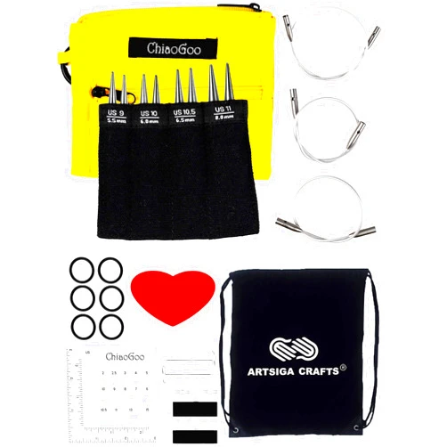 ChiaoGoo Twist Red Lace Shorties 3-Inch Large Yellow 7230-L Interchangeable Knitting Needle Set, US 9, 10, 10.5, 11 Stainless Steel with 3 Swiv360 Cables with Project Bag