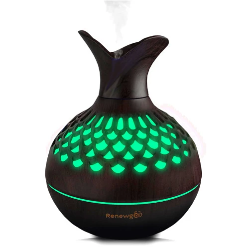 Renewgoo Aroma Diffuser for Essential Oils, Ultrasonic Aromatherapy Flower Oil Diffuser, Modern Cool Mist Humidifier for Home, Bedroom, Office, 7 Color Lights by Renewgoo (Dark Brown, Flower - 300ml)