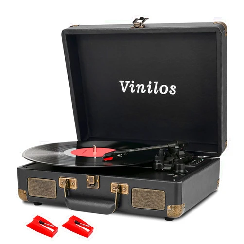 VINILOS Record Player for Vinyl with Built-in Speakers Bluetooth Output,3 Speed Belt-Driven Phonograph Retro Turntable Player, Portable Vintage Suitcase LP Player USB Recording, Includes 2 Extra Stylus