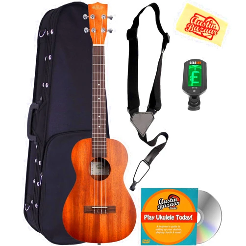Kala KA-B Mahogany Baritone Ukulele Bundle with Hard Case, Tuner, Strap, Austin Bazaar Instructional DVD, and Polishing Cloth