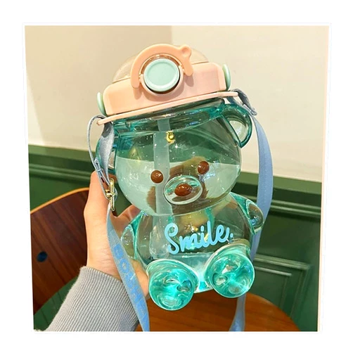 Lenago SANLINGBA Kawaii Bear Straw Bottle, Cartoon Kids Water Bottle Bpa Free with Straw and Built in Carrying Loop, Adjustable & C Blue 47oz