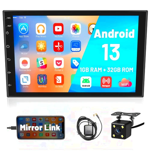 Hikity Android 13 Double Din Car Stereo 7 Inch Touch Screen Car Radio GPS Navigation WiFi Bluetooth FM Radio Mirror Link for iOS/Android Phones, with 12 Led Lights AHD Rear View Camera Mic