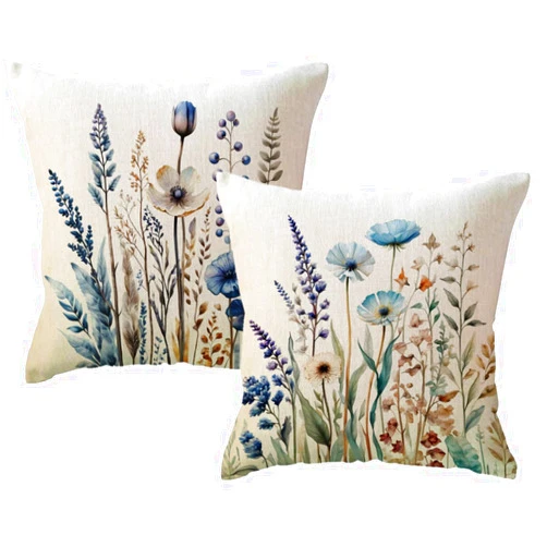 ULOVE LOVE YOURSELF Watercolor Wildflowers Throw Pillow Covers 18 x 18 Inch Blue Flower Cushion Case Rustic Farmhouse Winter Holiday Decoration for Sofa Couch Patio Porch (Blue/Beige)