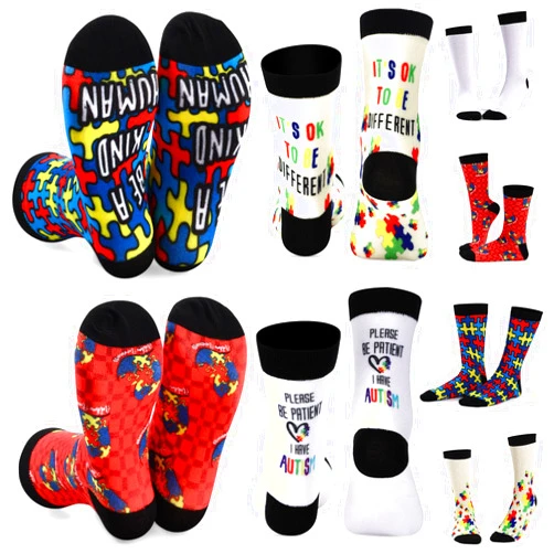 Glitopper 4 Pairs Christmas Autism Socks Holiday Autism Awareness Gifts Down Syndrome Gifts for Mom Dad Men Women