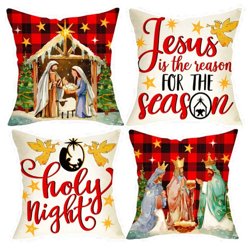 Fjfz Christmas Nativity Christian Decorative Throw Pillow Covers 18 x 18 Set of 4, Religious Xmas Jesus O Holy Night Porch Outdoor Home Decor, Winter Holiday Buffalo Plaid Sofa Couch Cushion Case