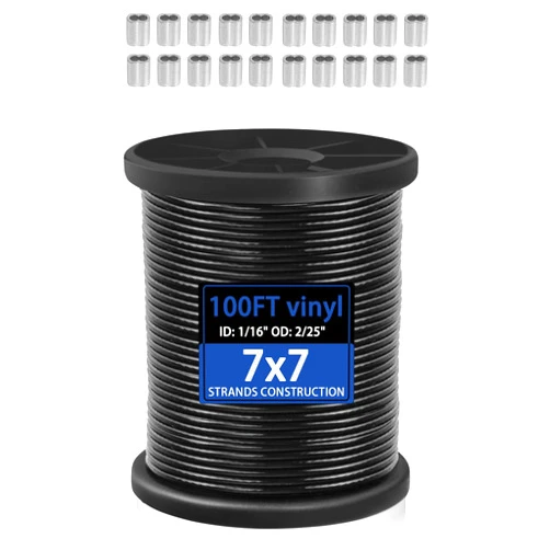 DBHXXMB-HH Wire Rope 304 Stainless Steel Wire Cable Black Vinyl Coated, Hanging Wire Outdoor Light Guide Wire, Suitable for String Lights, Clotheslines, 1/16 Inch Overmolded to 2/25 Inch 100ft
