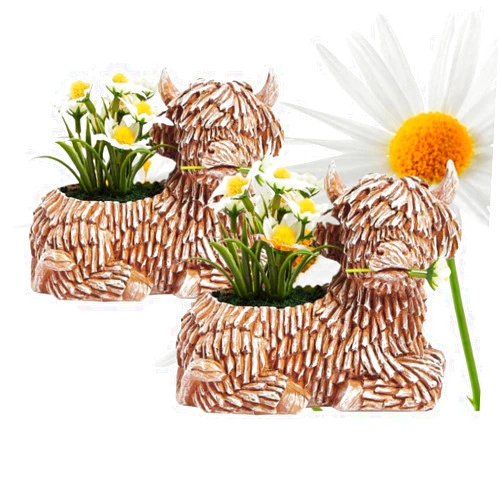 Yingkoo Highland Cow Flower Pots,Cute Highland Cow Succulent Planter,Mini Highland Cow Potted Statues,Handmade Resin Sculpture Potted Plants Decorations for Tabletop,Home,Office (2), Brown
